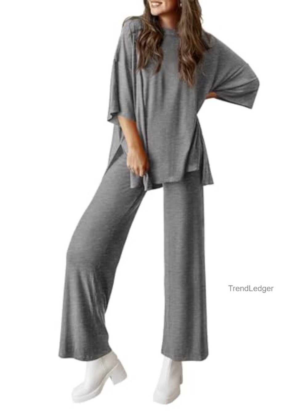 Two Piece Lounge Set Short Sleeve Wide Leg Pants Travel Outfit